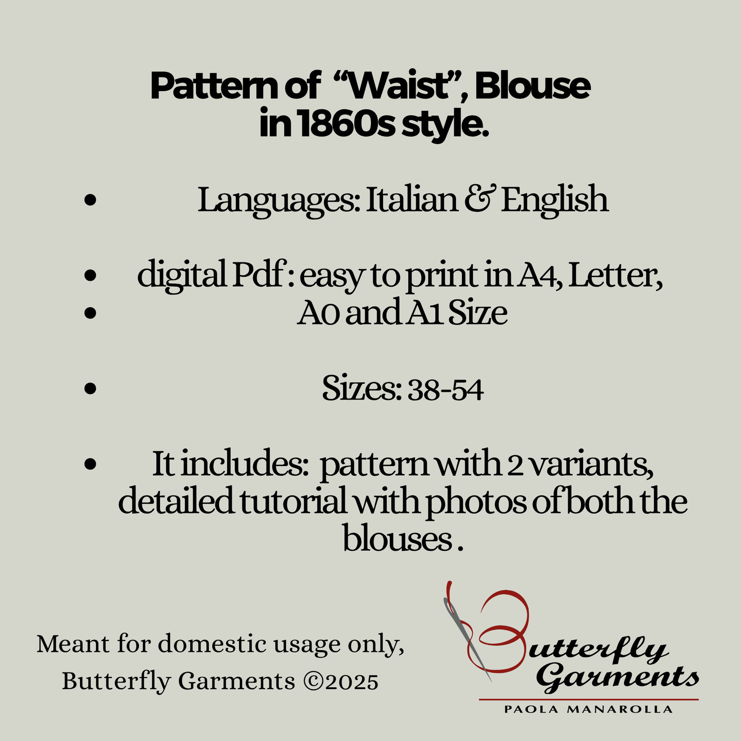 1860 Victorian Style Blouse LUCE - Digital PDF Pattern & Sewing Tutorial