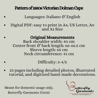 VALENTINE - 1880s Victorian Dolman Cape - Pattern digitized from the antique cape & Tutorial