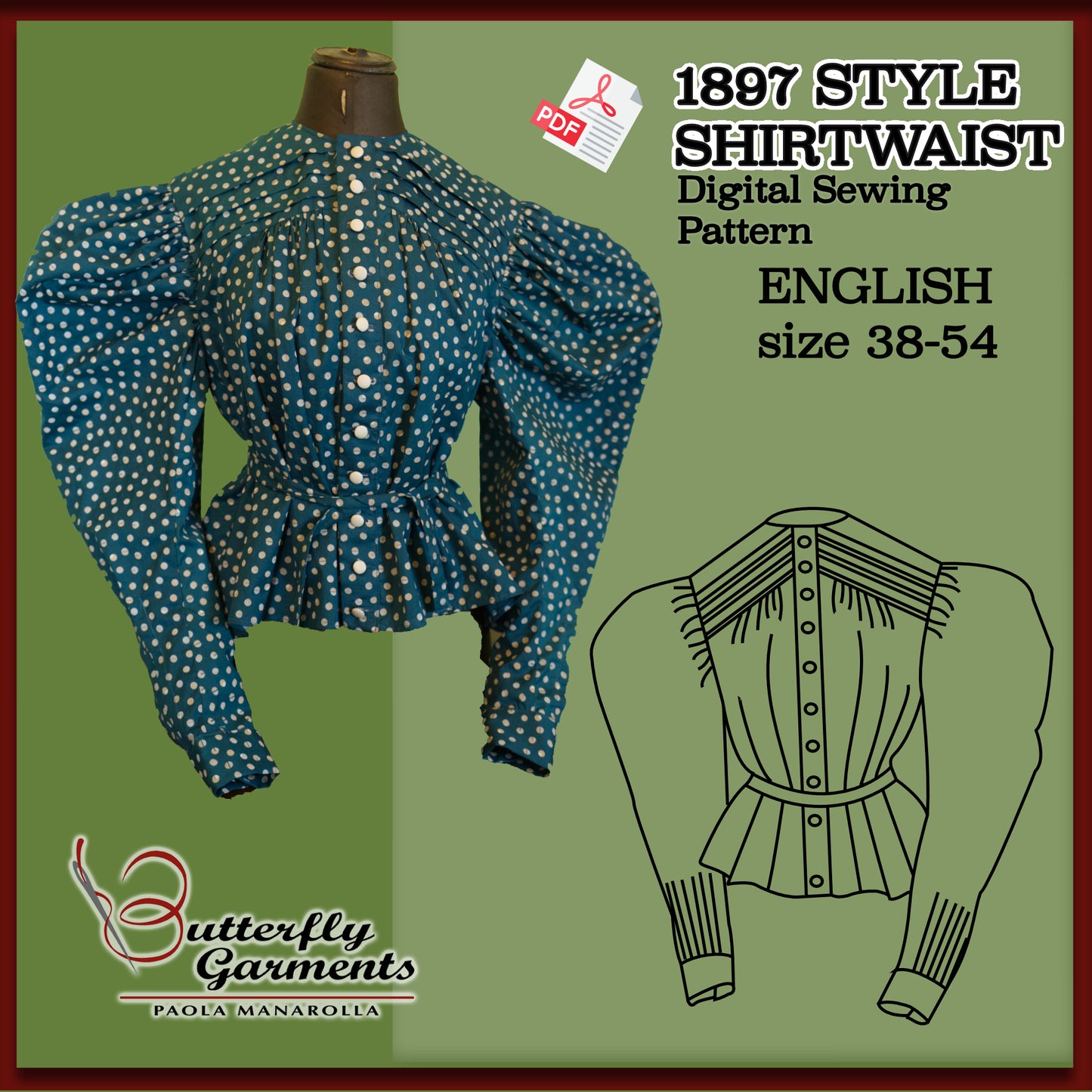 GARDENIA - Victorian Shirtwaist Pattern - 1897 Sewing Tutorial with Bias Yoke & Tucks - Digital PDF