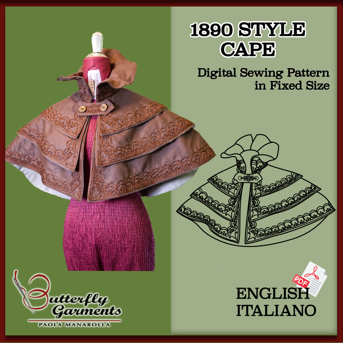 GRACE - Modello di cucito per mantello Belle Époque anni 1890 con ricamo soutache | Download digitale PDF del mantello vittoriano edoardiano